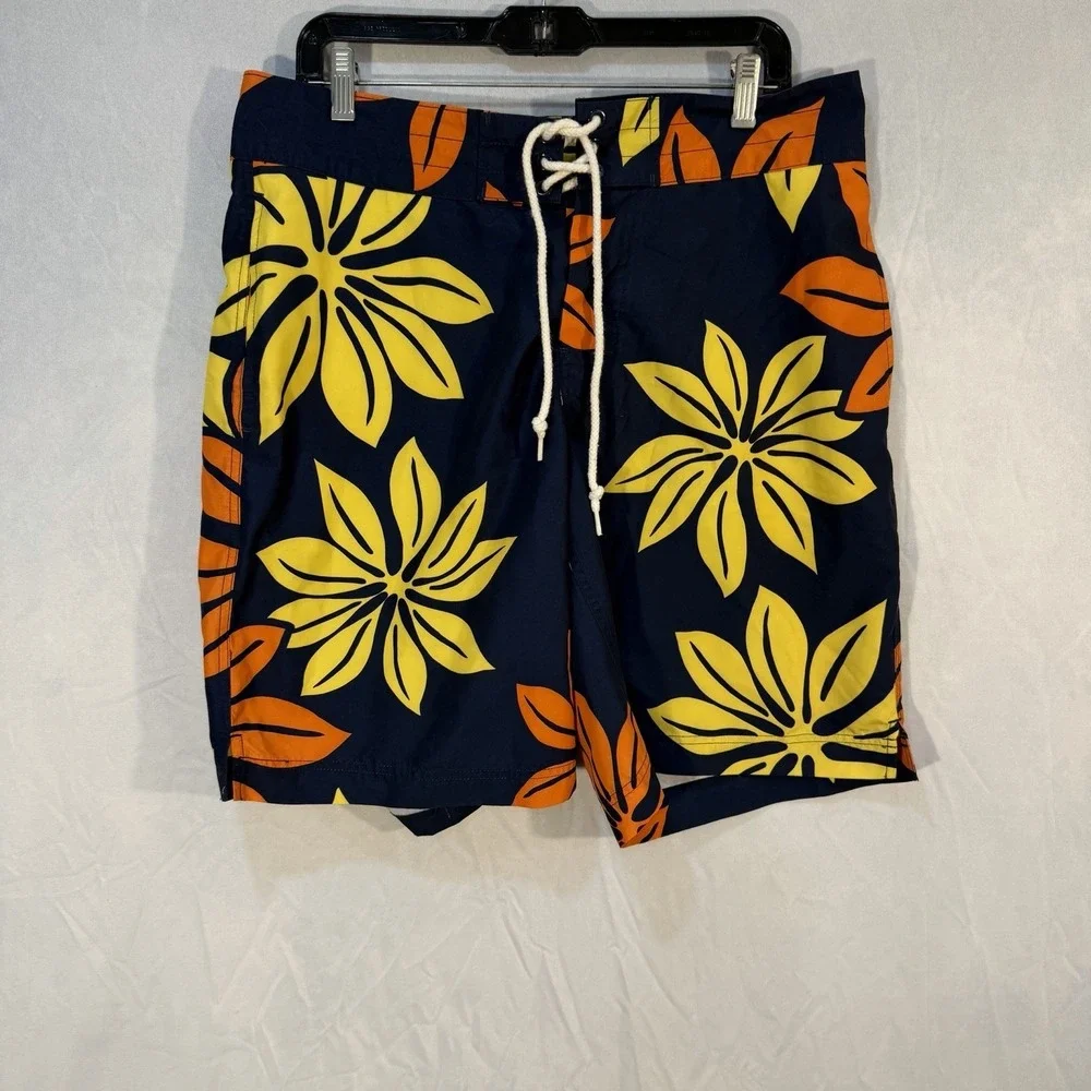 J Crew Swim Trunks Board Shorts Blue With‎ Floral Print Men's 33 Drawstring